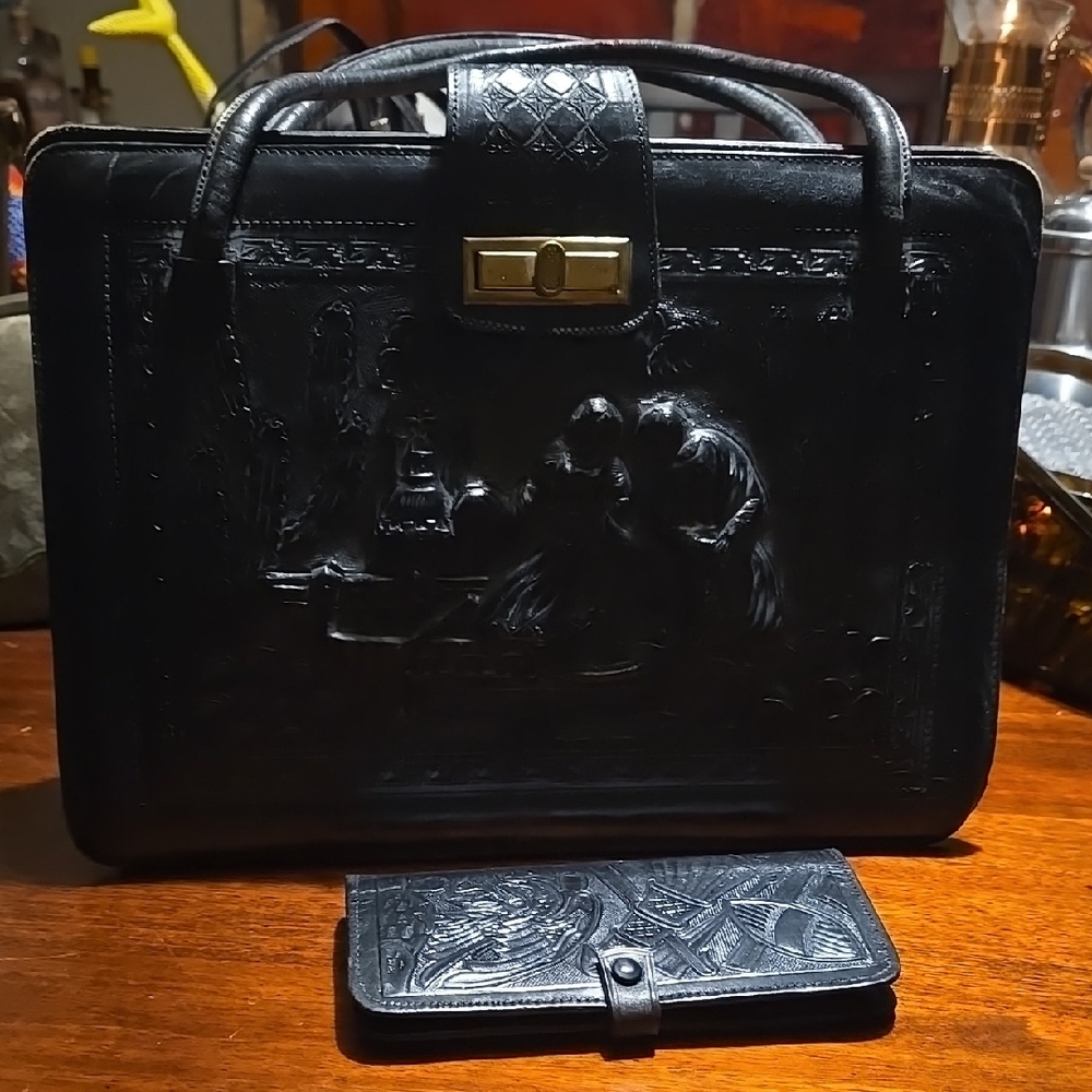 Black Structured Leather Satchel with Gold Hardware